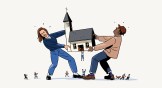 Two people argue over a church, surrounded by onlookers.
