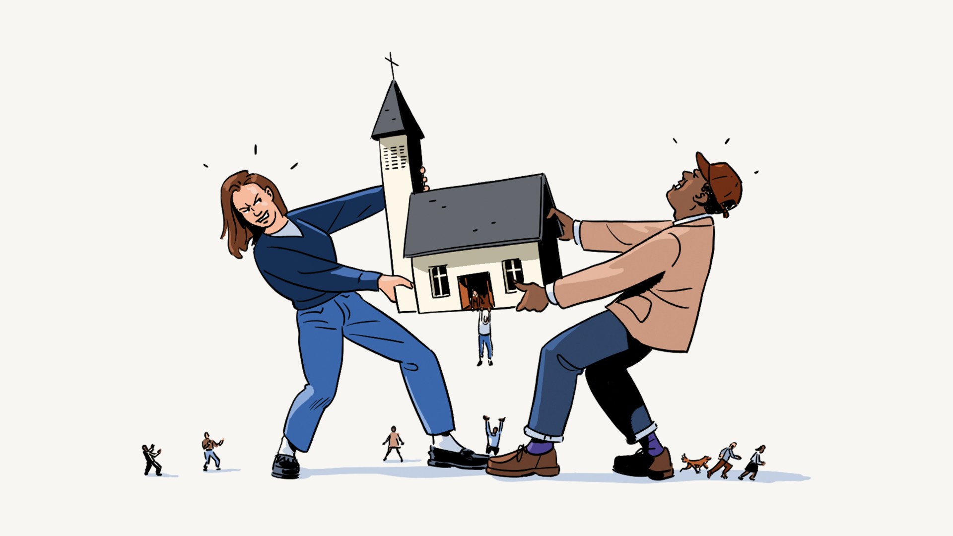 Two people argue over a church, surrounded by onlookers.