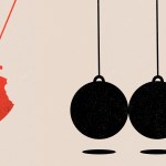Newton's Cradle with an apple about to hit the other balls
