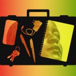 A briefcase with different objects in it showing the face of a woman