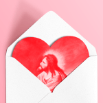 An image of a valentine card showing Jesus inside a heart shape.