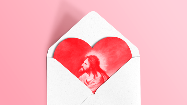 An image of a valentine card showing Jesus inside a heart shape.