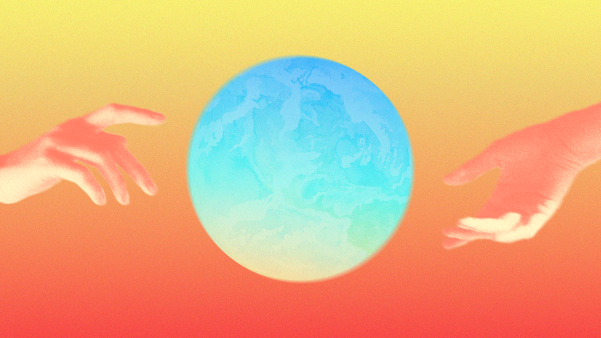 An image of two hands reaching around the earth.