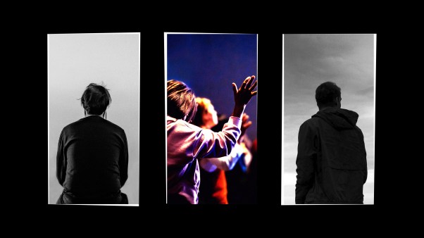 A vibrant image of people worshipping at church contrasted with black and white images of solitary people.