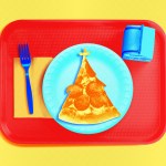A school lunch tray with pizza that looks like a church steeple