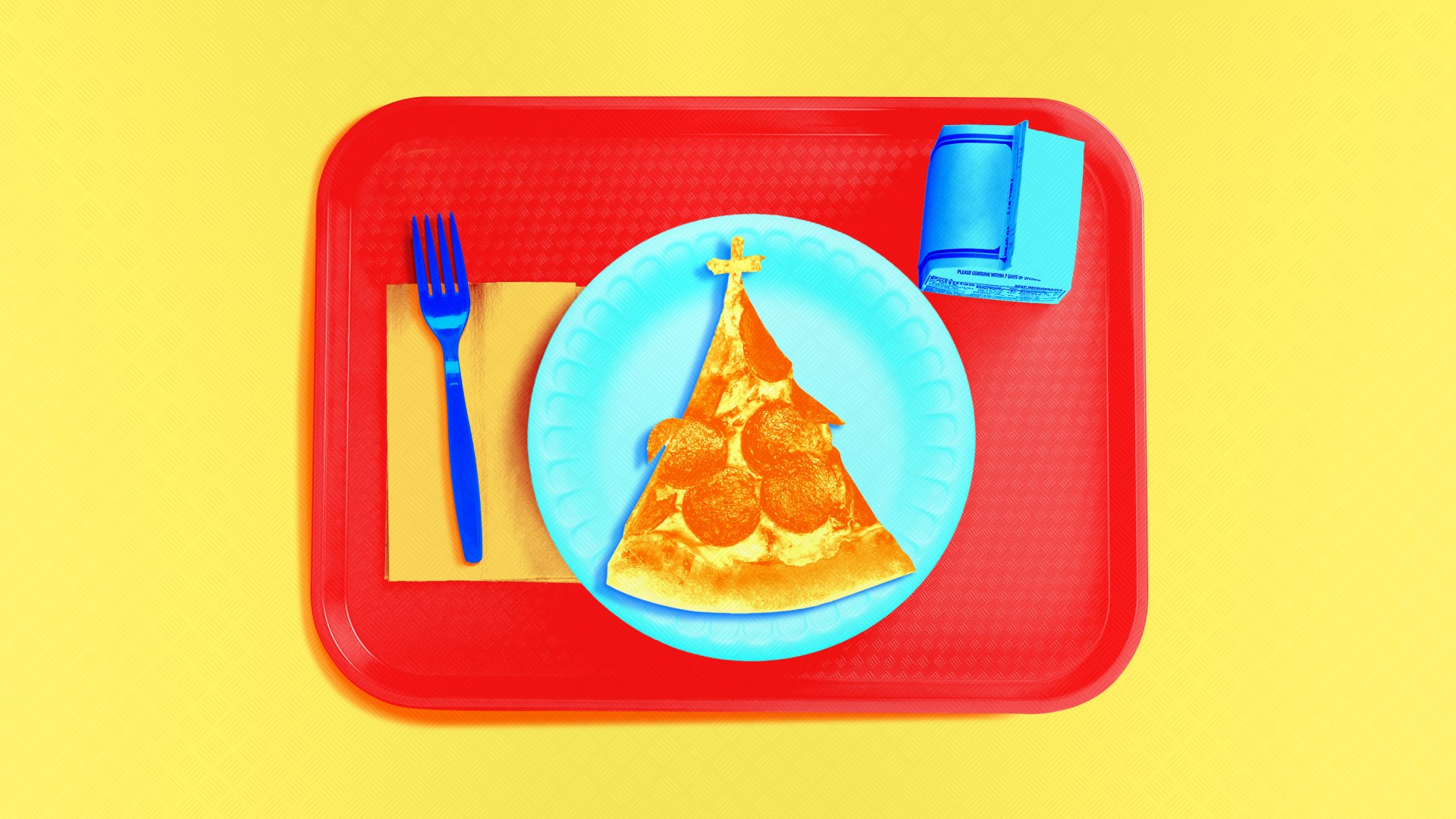 A school lunch tray with pizza that looks like a church steeple