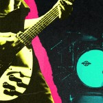 A vintage-looking collage of a man playing guitar and a drum set.