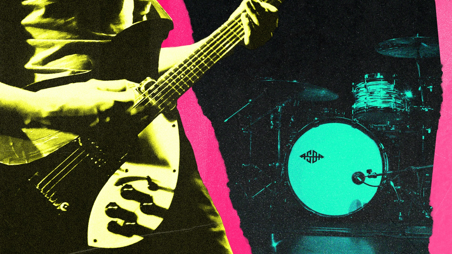 A vintage-looking collage of a man playing guitar and a drum set.