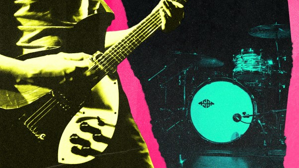 A vintage-looking collage of a man playing guitar and a drum set.