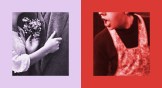 A side by side image of a woman hugging her husband and a woman yelling.
