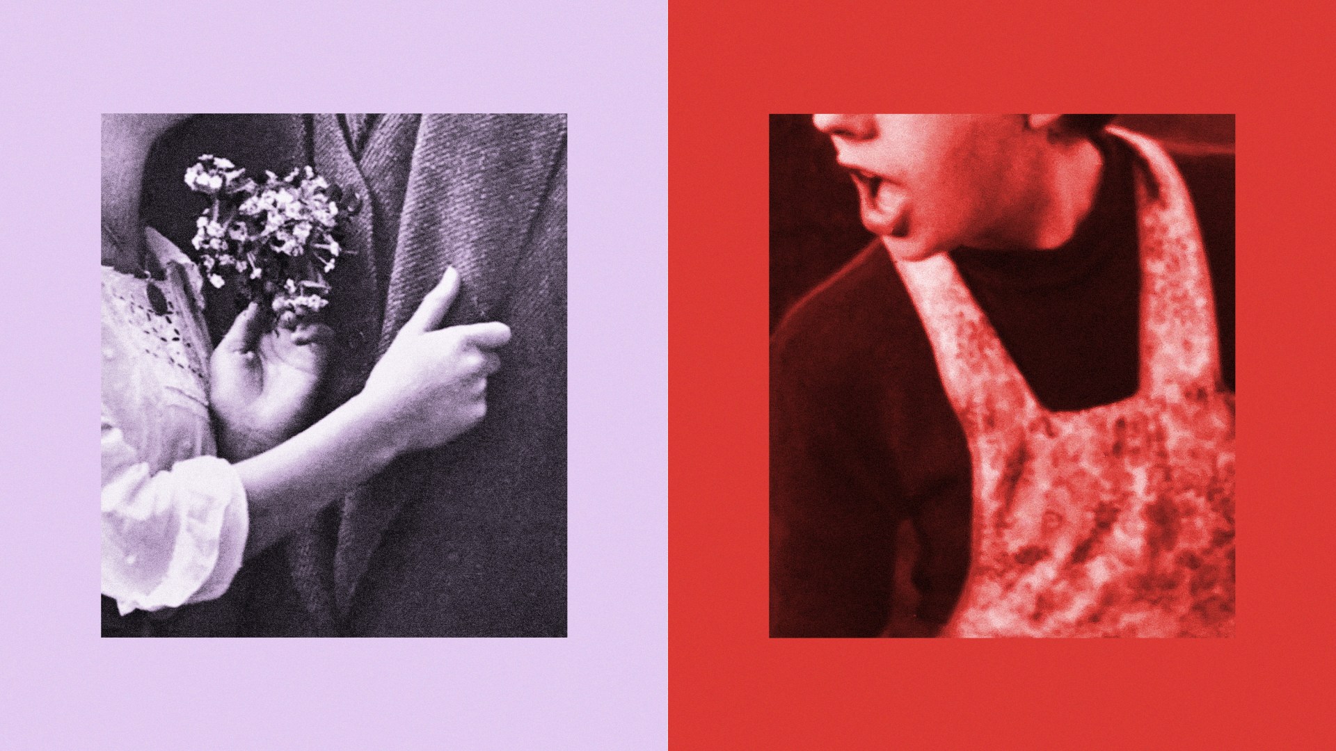 A side by side image of a woman hugging her husband and a woman yelling.