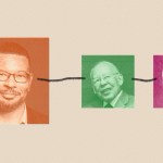 Colored square photos of Vincent Bacote, Eugene Rivers, and William Pannell against a cream background with a line connecting them.