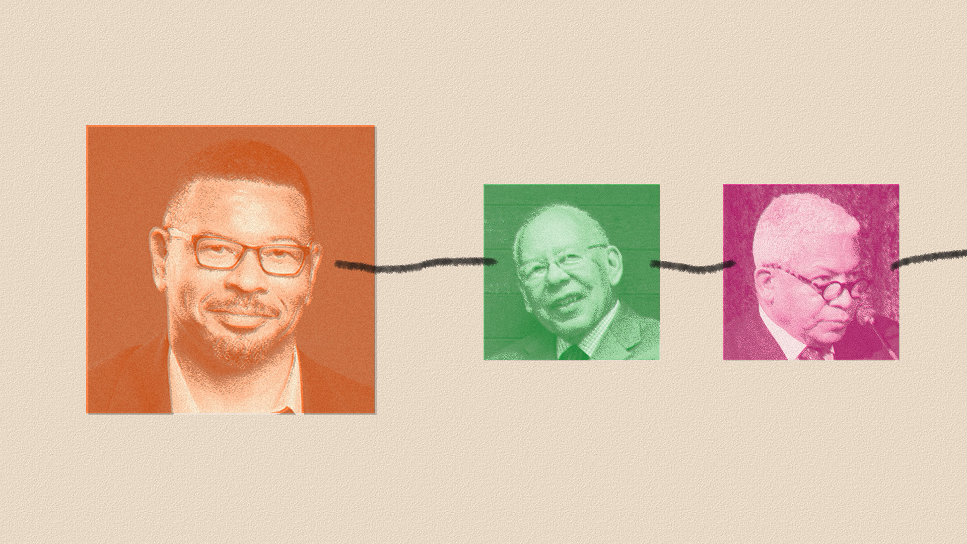 Colored square photos of Vincent Bacote, Eugene Rivers, and William Pannell against a cream background with a line connecting them.