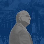 A black & white illustrated portrait of Tim Keller against blue backdrop featuring a church building being rebuilt by a crowd of people.