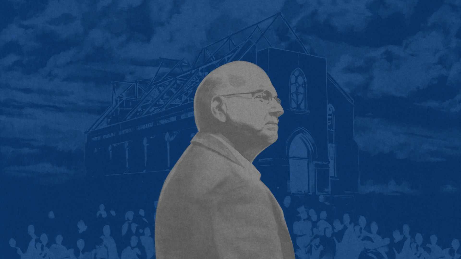 A black & white illustrated portrait of Tim Keller against blue backdrop featuring a church building being rebuilt by a crowd of people.