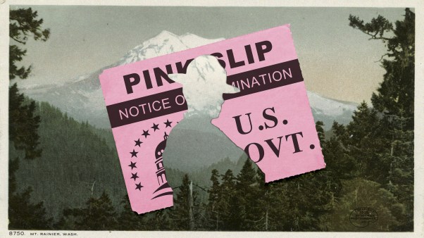 A ranger cut out of a pink slip from the government over a postcard of Mount Rainier