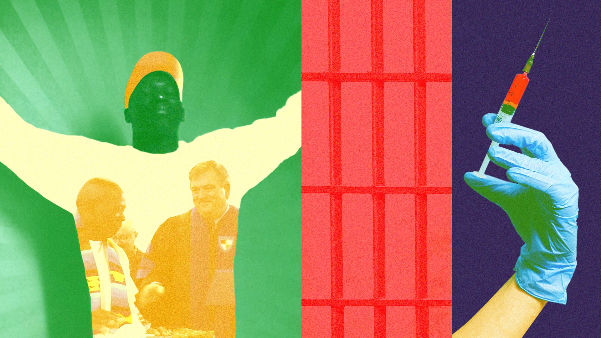 A collaged image of photos of Kevin Burns in prison.