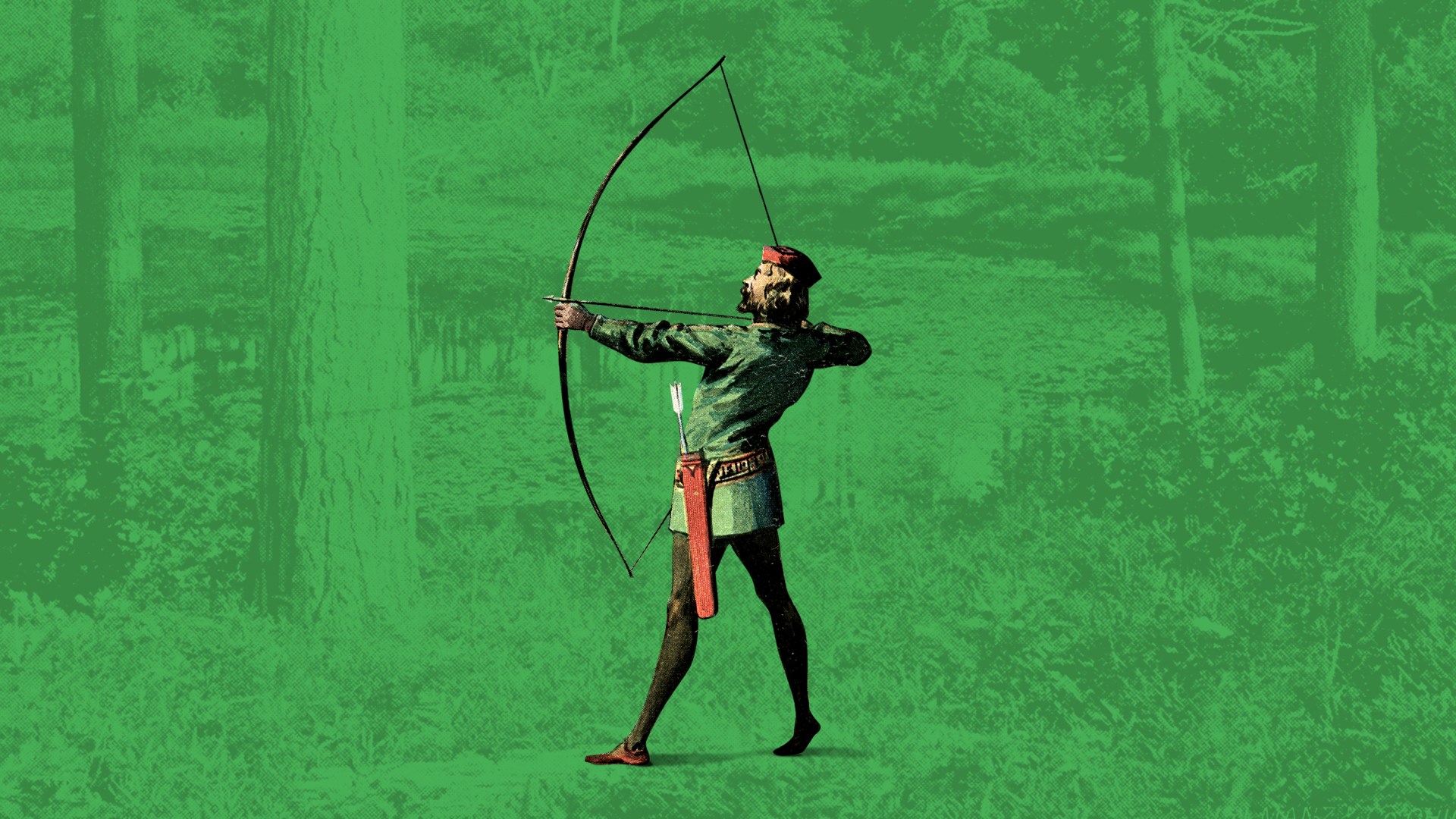 Robin Hood with a bow and arrow in the woods