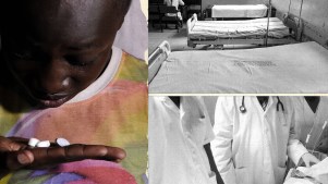 A girl with AIDs medication, a hospital bed, and doctors.