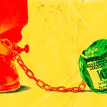 A collaged image of a businessman's foot with a chain on it attached to a ball of money.
