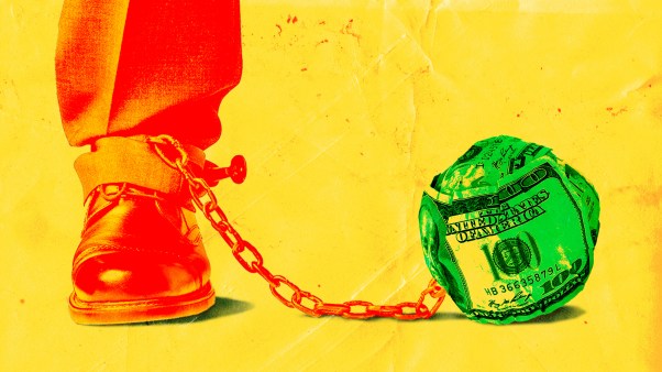 A collaged image of a businessman's foot with a chain on it attached to a ball of money.