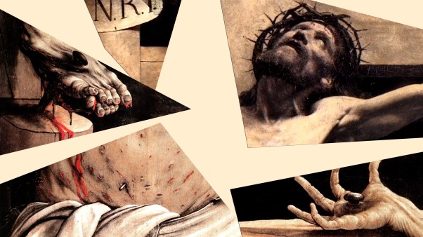 Broken pieces of an image showing parts of Christ’s body on the cross.