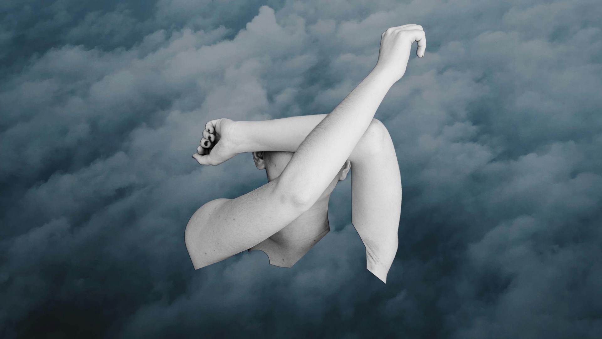 A cutout image of a woman shielding her face with dark clouds in the background.