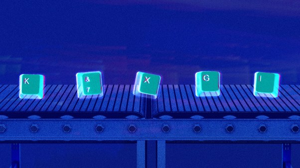 Keyboard letter keys on a conveyor belt.