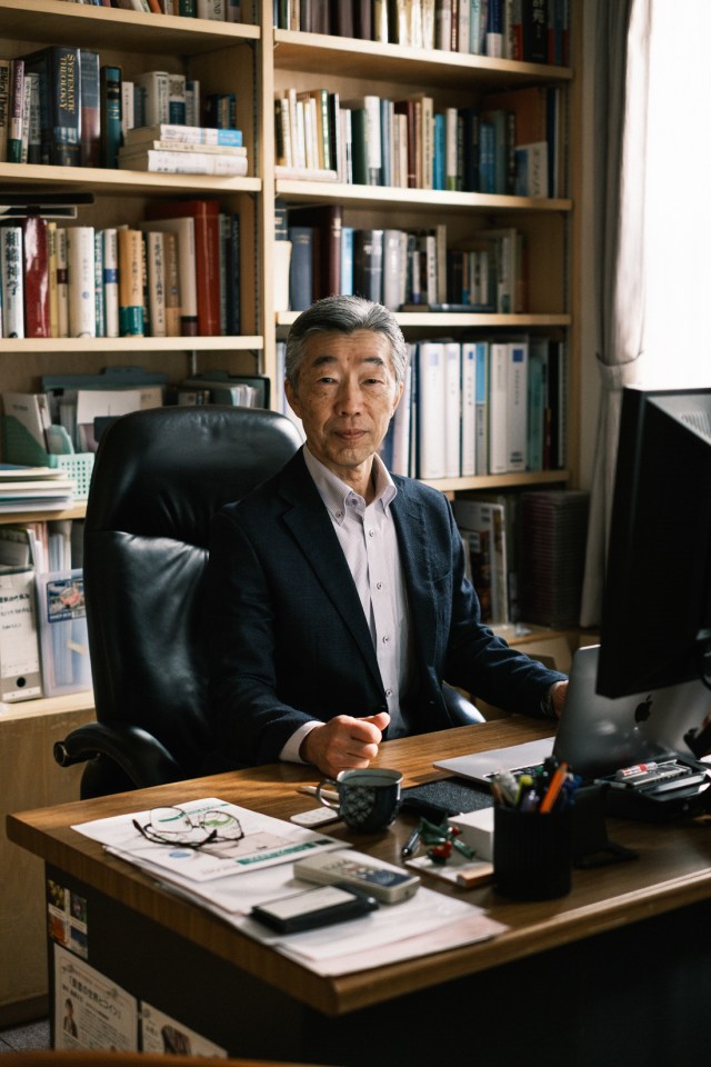 Akasaka Izumi at his office in Japan Bible Seminary