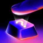A finger pressing a glowing question mark keyboard.