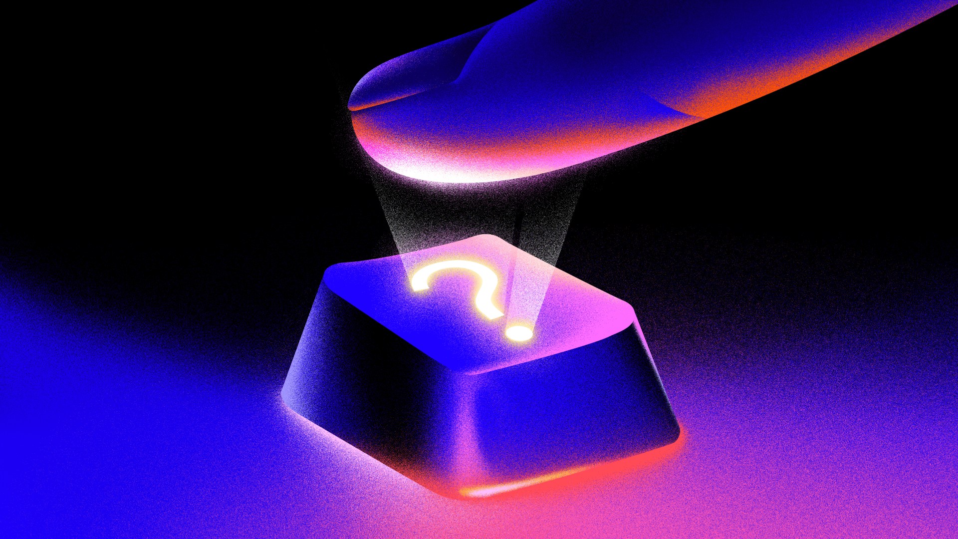 A finger pressing a glowing question mark keyboard.
