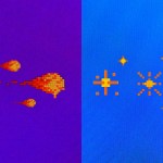 Pixel art of a demon with fire bolts flighting a stained glass cross with sparkles.