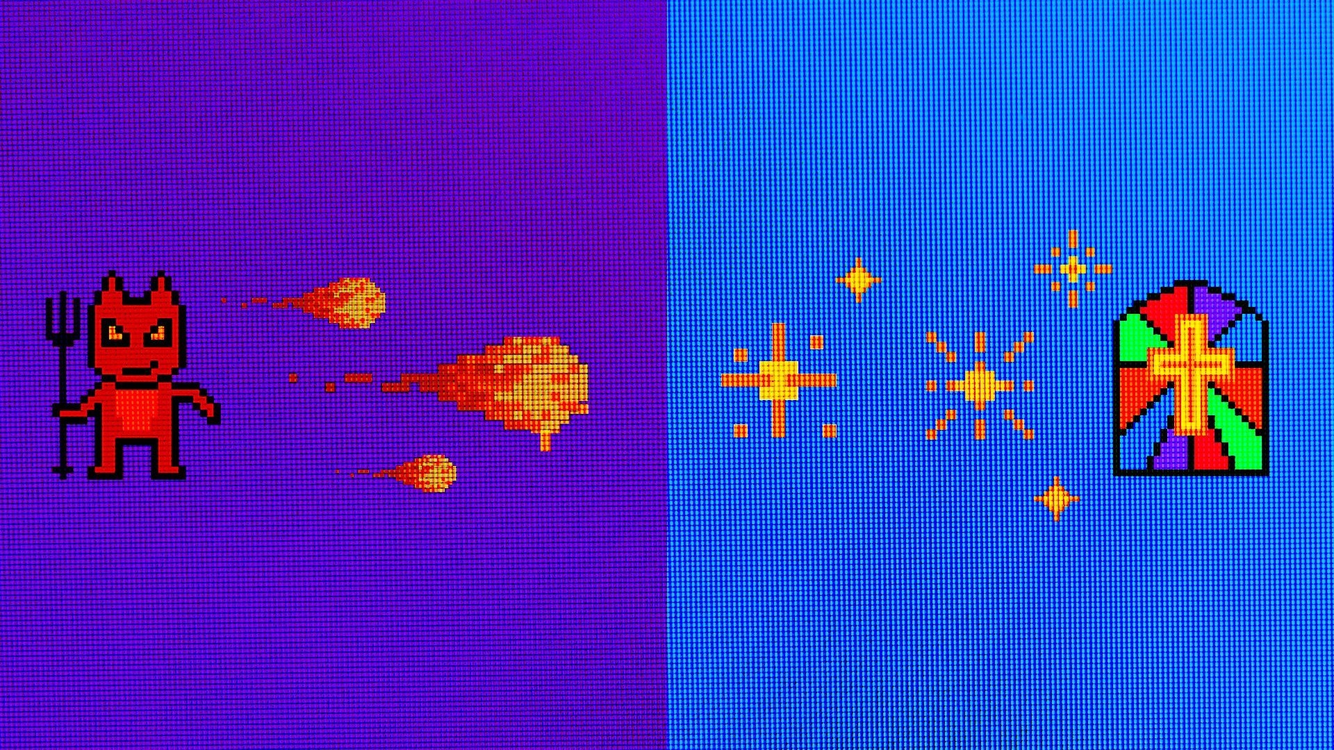 Pixel art of a demon with fire bolts flighting a stained glass cross with sparkles.