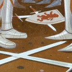 Illustration of the feet of armored knights with swords and shields dropped on the ground.