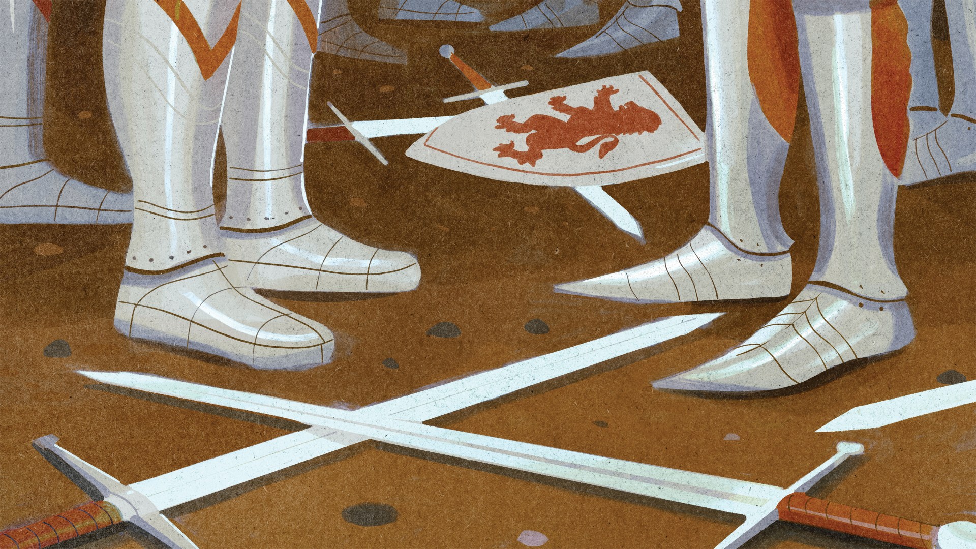 Illustration of the feet of armored knights with swords and shields dropped on the ground.