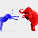 A blue donkey and a red elephant fighting.