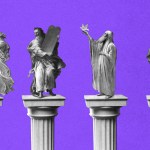 Bible figures on pedestals.