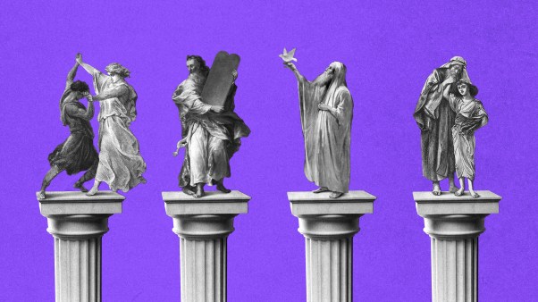 Bible figures on pedestals.