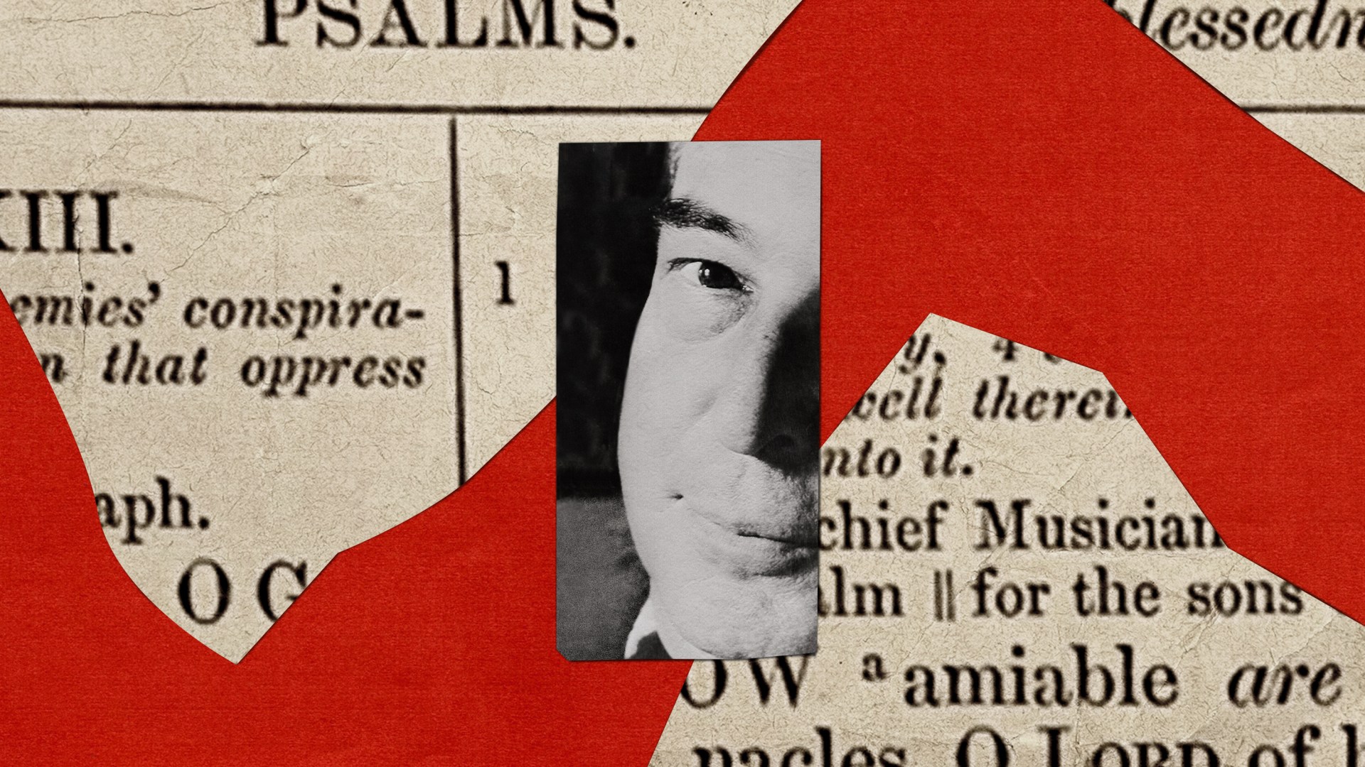 C. S. Lewis over red paper and a book of Psalms page