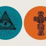 The Eye of Providence and a cross in blue and orange circles