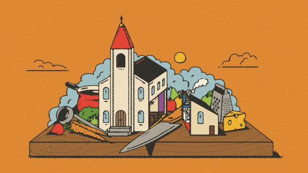 Illustration of a church building on a cutting board with the kitchen portion of the building cut away.