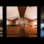 Man stands in empty church surrounded by empty chairs and empty pews in Japan. On the left is a pastor's vestment hanging.