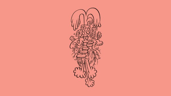 Pencil drawing of a fountain of living water on a pink background.
