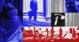 Graphic collage of lawyers and immigrants