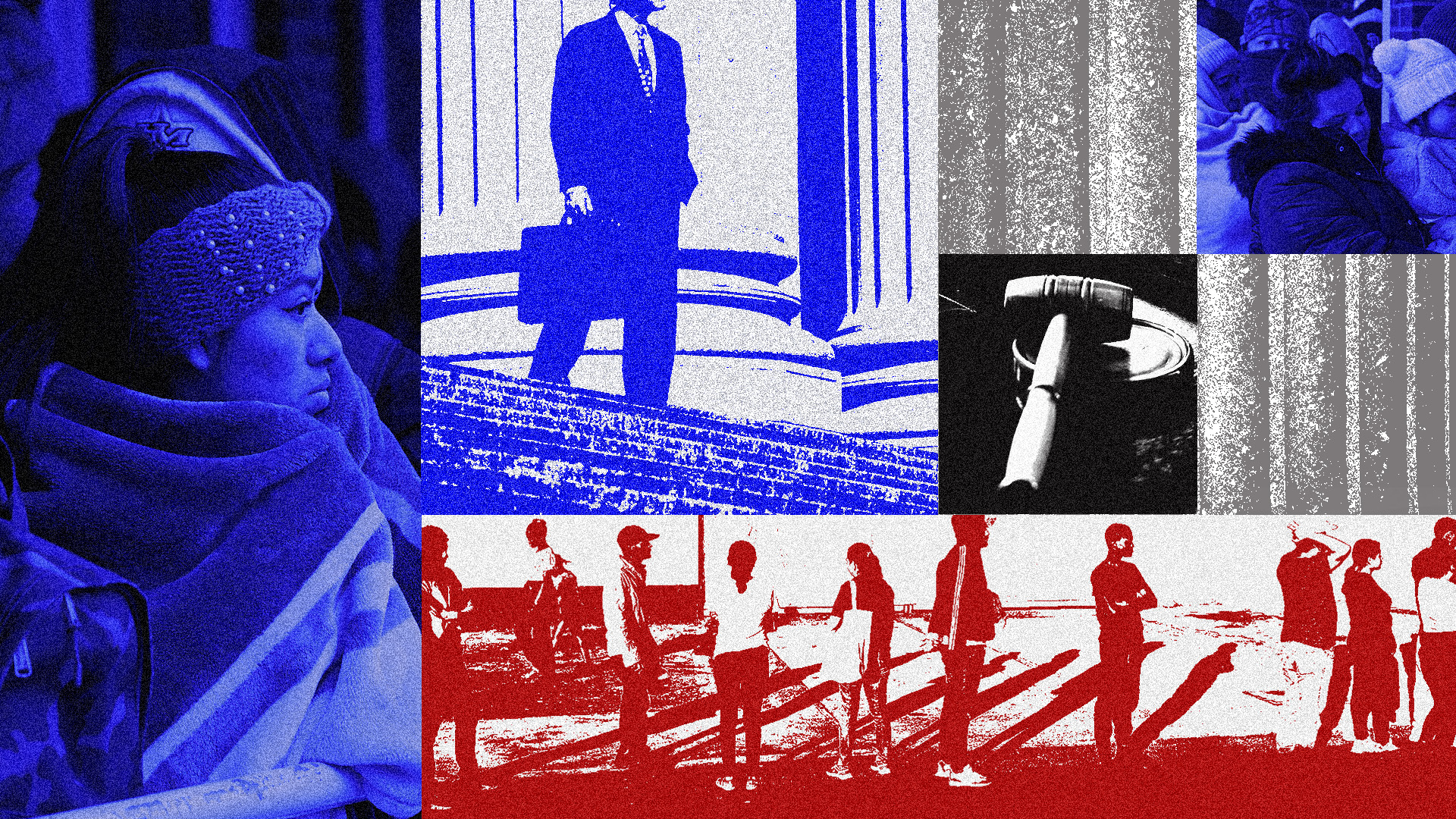 Graphic collage of lawyers and immigrants