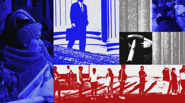 Graphic collage of lawyers and immigrants