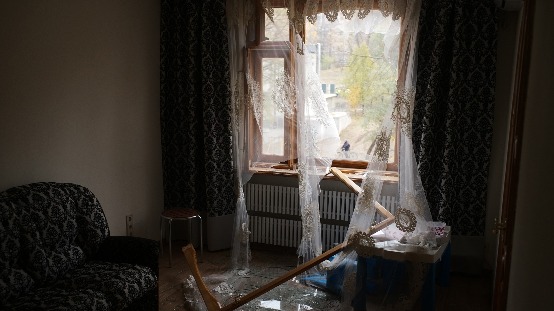 A damaged apartment after a rocket attack in the city of Kharkiv in Ukraine.