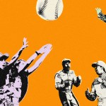 Orange background, with energetic baseballs and Dude Perfect action shots.