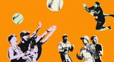 Orange background, with energetic baseballs and Dude Perfect action shots.