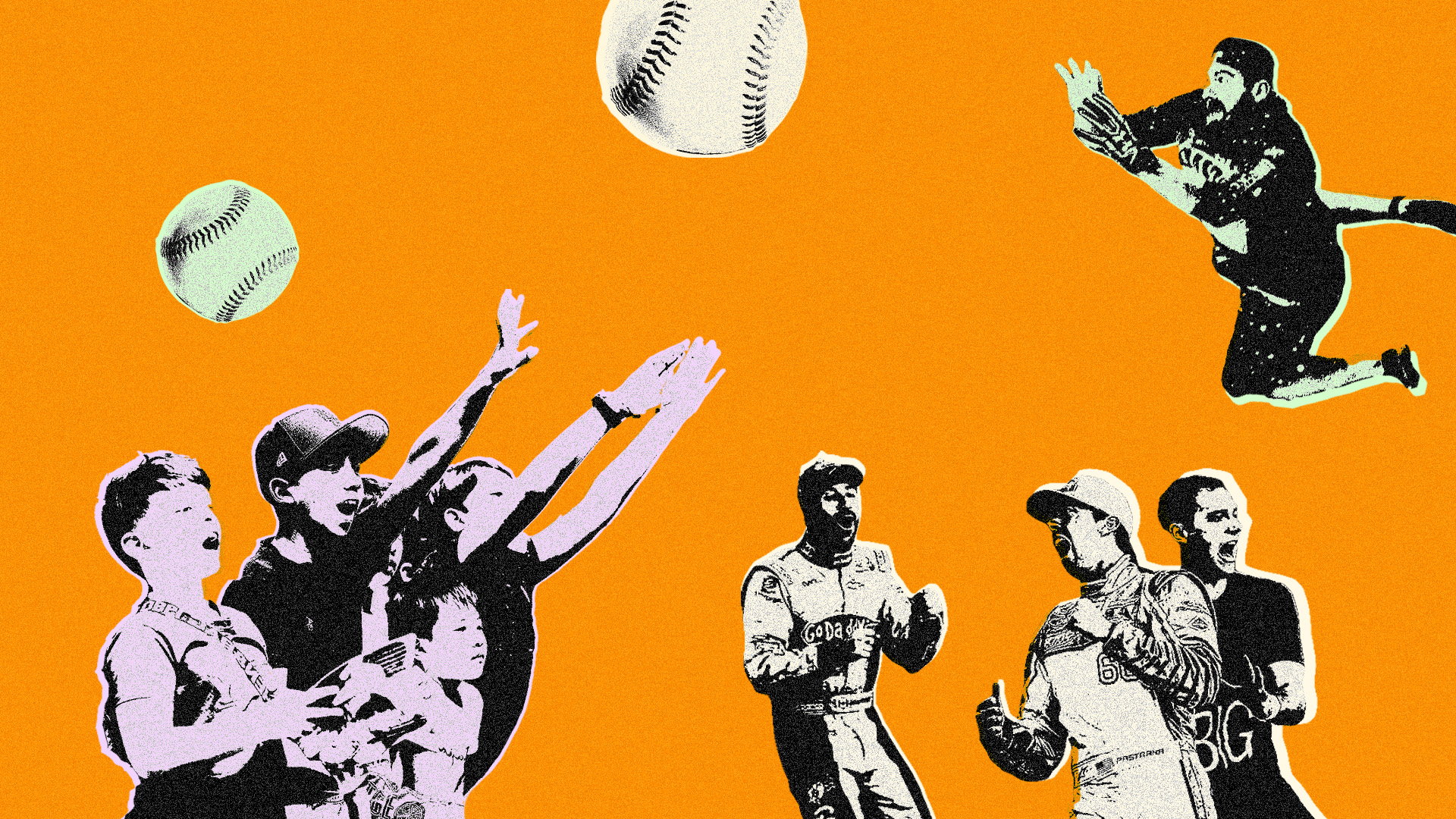 Orange background, with energetic baseballs and Dude Perfect action shots.